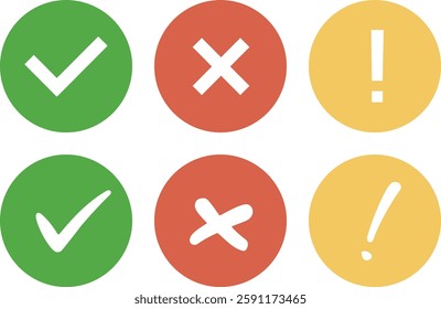 Check mark icon set with right and wrong buttons, yes or no checkmarks, green ticks, red crosses, and exclamation marks. Ideal for UI, UX, web, and app design. Isolated vector icons in various styles.