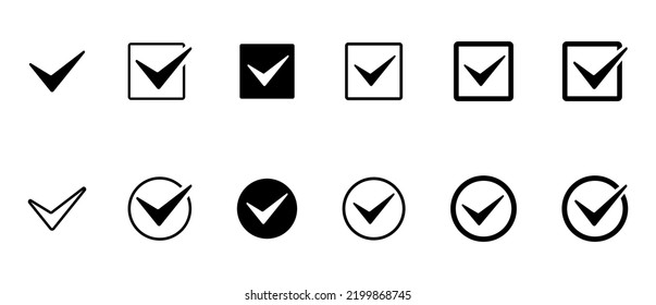 Check mark icon set. Square and circle shape. Flat vector illustration