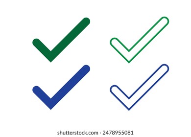 Check mark icon set. Symbol of correct, check, approved. Tick mark symbol green and blue color in vector. Stroke and fill tick sign element.  isolated on white background. Vector illustration