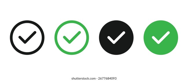 Conjunto de iconos de marca de verificación. Símbolo de la garrapata en color verde, negro, Ilustración vectorial