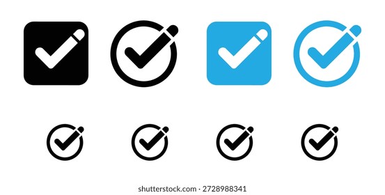 Marque el conjunto de iconos. Marque, apruebe y corrija la colección simbólica. Ilustración vectorial de estilo plano, silueta y contorno. Icono de marca de verificación. Marque el Vector set.Checked signo de casilla.Approved símbolo