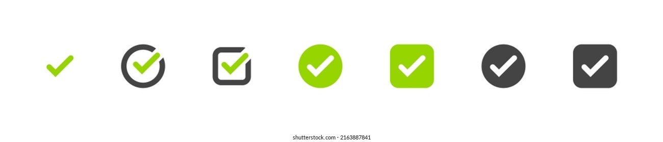 Check mark icon set. Vector isolated illustration. Tick symbol collection. Checkmark icons. Checkbox sign.