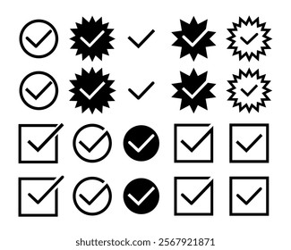 Check mark icon set. Vector check mark set. Checked checkbox sign. Approved symbol. Vector illustration