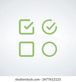 Check mark icon set, yes tick symbol, empty box and filled. voting checklist confirmation, green approved checkbox. Stock vector illustration isolated