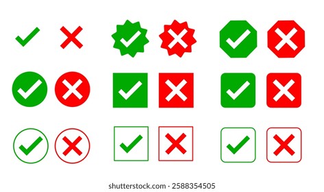 Check mark icon set. Yes and No. Right and wrong icon. Checklist and red cross. True and false sign. Rejected and Accepted sign. Correct or wrong vector cartoon icon in green and red