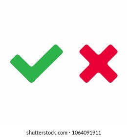 Check mark icon signs vector illustration. Yes or no, right and wrong flat design version of check mark buttons. Red cross and tick  contour isolated on white background.