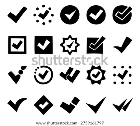 Check mark icon silhouette set with approval verification and confirmation symbols perfect for your illustration and interface status indicator creative designs projects