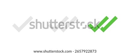 Check mark icon. Single and double ticks in green color vector illustration. Confirmation and read message status symbol. Used in chat, tasks, and notifications sign.