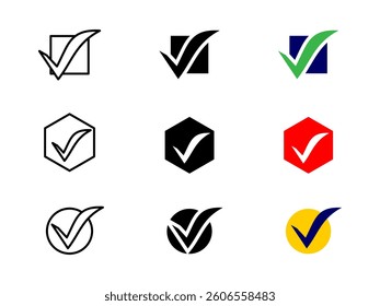 Check mark icon. Stylized tick symbol in different shapes and colors vector illustration. Confirmation and validation pictogram for forms, checklists, tasks and approval interfaces.