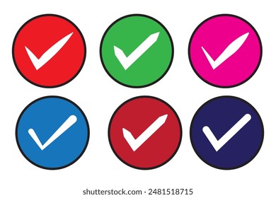 Check mark icon symbol set . Checked icon or correct choice sign on white background. Isolated tick symbols, checklist signs, approval badge. Vector illustration.
