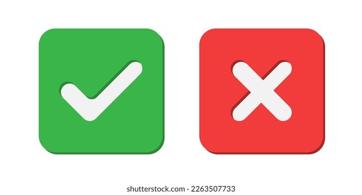 Marcar icono. Marcar y cruzar símbolos. Botones con marca de verificación y cruz. Marcas aisladas en el fondo blanco. Ilustración del vector