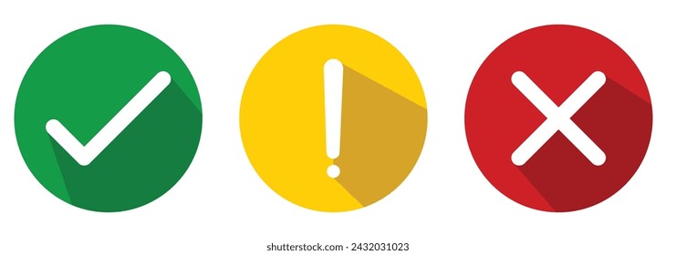 Check mark icon with tick, cross sign. Set of flat round check mark icon, exclamation point, X mark icons, buttons isolated on a white background.