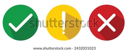 Check mark icon with tick, cross sign. Set of flat round check mark icon, exclamation point, X mark icons, buttons isolated on a white background.