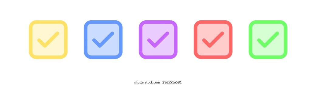 Marcar icono. Símbolo de marca. Señales de la lista de comprobación en el cuadro. Corregir símbolos. Ok, iconos a la derecha. Amarillo, azul, púrpura, rojo, color verde. Signo aislado del vector.