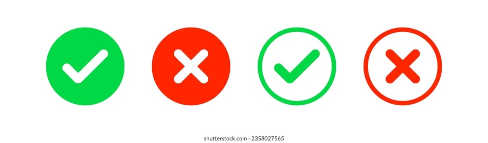 Check mark icon. Tick, x signs. Cancel symbol. Close symbols. Wrong, correct, ok, yes, no in circle icons. Green, red color. Vector isolated sign.