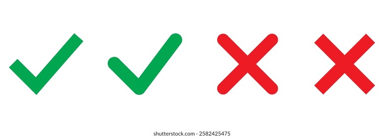 Check mark icon vector. Check box icon with right and wrong buttons and yes or no checkmark icons in green tick box and red cross. ross check mark icons, flat round buttons set.