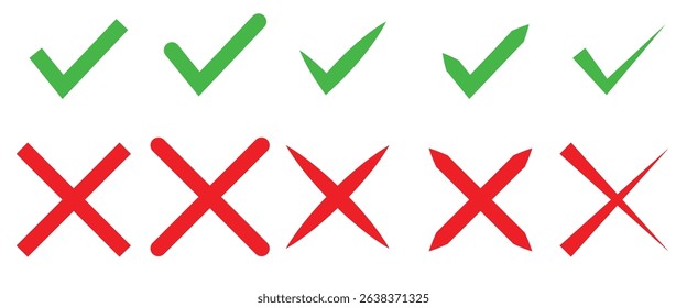 Check mark icon vector. Check icon with right and wrong buttons and yes or no checkmark icons in green tick and red cross. ross check mark icons, flat round buttons set