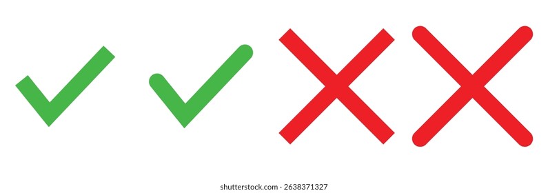 Check mark icon vector. Check icon with right and wrong buttons and yes or no checkmark icons in green tick and red cross. ross check mark icons, flat round buttons set