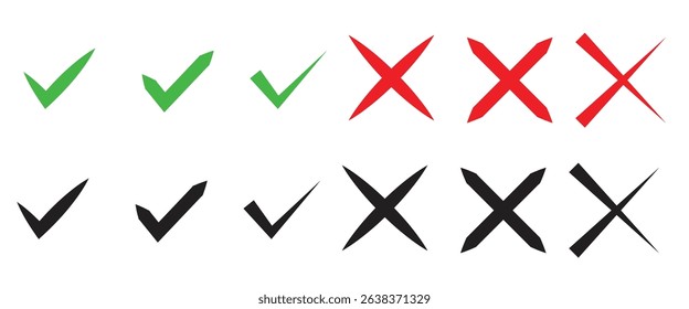 Check mark icon vector. Check icon with right and wrong buttons and yes or no checkmark icons in green tick and red cross. ross check mark icons, flat round buttons set