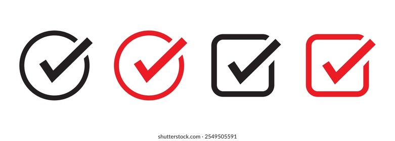 Check mark icon vector set. Tick box, checkbox symbol sign. Check box icon with right or yes check mark icons.