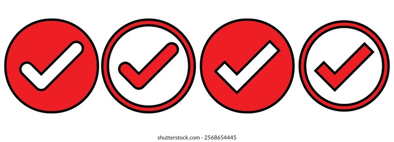 Check mark icon vector set. Tick box, checkbox symbol sign. Check box icon with right or yes check mark icons. Red, black and Green tick checkmarks. Yes or no symbol, approved. Design eps 10.