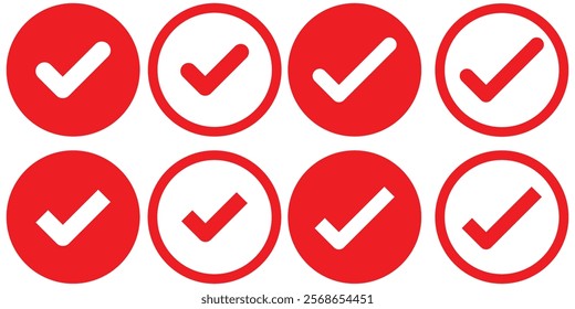 Check mark icon vector set. Tick box, checkbox symbol sign. Check box icon with right or yes check mark icons. Red, black and Green tick checkmarks. Yes or no symbol, approved. Design eps 10.