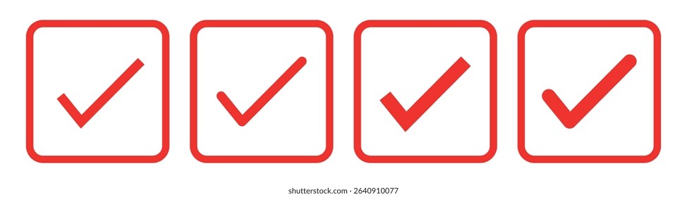 Check mark icon vector set. Tick box, checkbox symbol sign. Check box icon with right or yes check mark icons. Red, black and Green tick checkmarks. Yes or no symbol, approved.