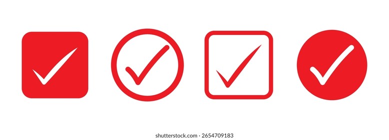 Marca de seleção ícone vetor definido. Caixa de marca, sinal de símbolo de caixa de seleção. Ícone de caixa de seleção com ícones de marca de seleção direita ou sim. Marcas de verificação de tique vermelho, preto e verde. Símbolo Sim ou Não, aprovado. Design - eps 10.