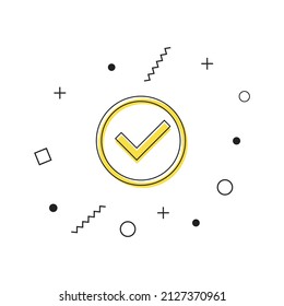 Comprobar el vector de icono de marca. Icono de marca de verificación amarilla en un círculo con formas geométricas sobre fondo blanco. Símbolo de marca. Vector