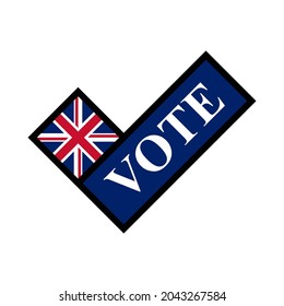 check mark icon. vote text and united kingdom flag. elections concept in british. vector illustration. logo, sticker, print, cover, etc