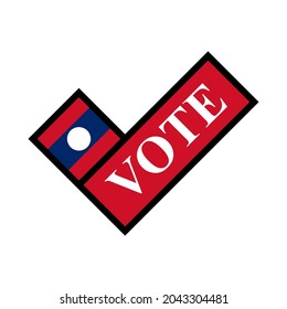 icono de marca de verificación. texto de voto y bandera de laos. concepto de elecciones en laos. ilustración vectorial. logotipo, pegatina, impresión, cubierta, etc.