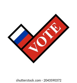 check mark icon. vote text and russia flag. elections concept in russia. vector illustration. logo, sticker, print, cover, etc
