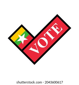 check mark icon. vote text and myanmar flag. elections concept in myanmar. vector illustration. logo, sticker, print, cover, etc
