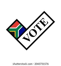 icono de marca de verificación. texto de votación y bandera de sudáfrica. concepto de elecciones en sudáfrica. ilustración vectorial. logotipo, pegatina, impresión, cubierta, etc.
