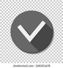 Check mark icon. White flat icon with long shadow in circle on transparent background