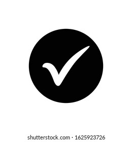 Check mark icon. white tick symbol in black circle vector.