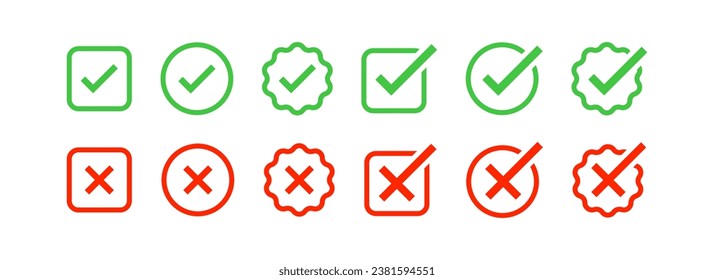 Markierungssymbol überprüfen. Falsches Symbol. Korrigieren Sie die Markierungszeichen. X Elementsymbole. Abbrechen, in Kreissymbole akzeptieren. Grün, blau. Vektor-Einzelzeichen.