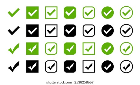 Check mark icons. Approved icon. Black and green check mark vector icons. Vector illustration.  