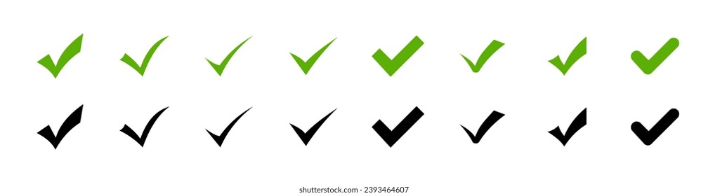 Marcar iconos. Iconos vectoriales de marca de verificación verde y negro. Ilustración vectorial.  Icono aprobado. 