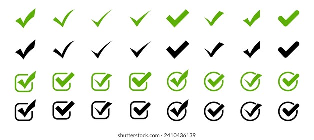 Check mark icons . Black and green check mark vector icons. Vector illustration.  Approved icon. 