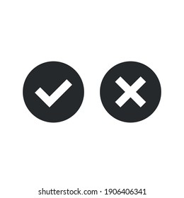 Check mark icons. Black and white tick and x mark. Round vector icons set isolated on white background