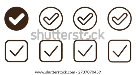 Check mark icons. Brown filled circles, outline circles and squares. Approval, done, complete symbols. Task tracking.
