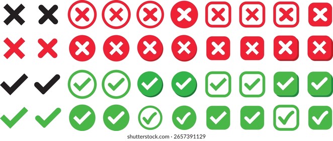 Check mark icons button set. yes or no checkmark sign. Check box icon with right and wrong buttons. green tick box and red cross symbol
