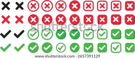 Check mark icons button set. yes or no checkmark sign. Check box icon with right and wrong buttons. green tick box and red cross symbol
