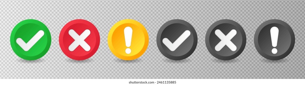 Check mark icons. Checkmark and cross mark buttons. Tick sign, exclamation mark and cross icon. Yes and No symbols. Vector illustration for ui, infographic, website, app, web use