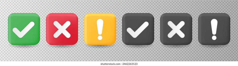 Check mark icons. Checkmark and cross mark buttons. Tick sign, exclamation mark and cross icon. Yes and No symbols. Vector illustration for ui, infographic, website, app, web use