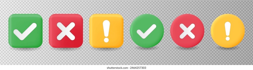 Check mark icons. Checkmark and cross mark buttons. Tick sign, exclamation mark and cross icon. Yes and No symbols. Vector illustration for ui, infographic, website, app, web use