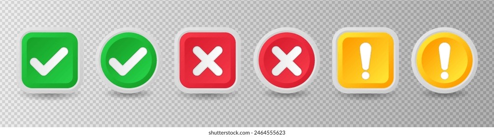 Check mark icons. Checkmark and cross mark buttons, Tick sign, Right and wrong 3D buttons, Check mark acceptance, X rejection button. 3d realistic vector set. Positive and negative choice