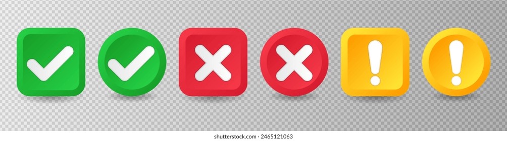 Check mark icons. Checkmark and cross mark buttons, Tick sign, Right and wrong 3D buttons, Check mark acceptance, X rejection button. 3d realistic vector set. Positive and negative choice