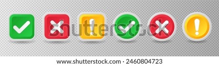 Check mark icons. Checkmark and cross mark buttons. Tick sign, exclamation mark and cross icon. Yes and No symbols. Vector illustration for ui, infographic, website, app, web use